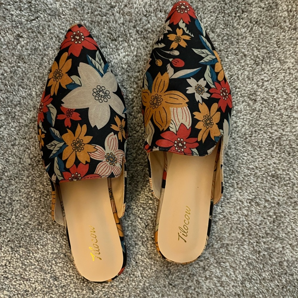 Navy, orange and Mustard canvas mules
